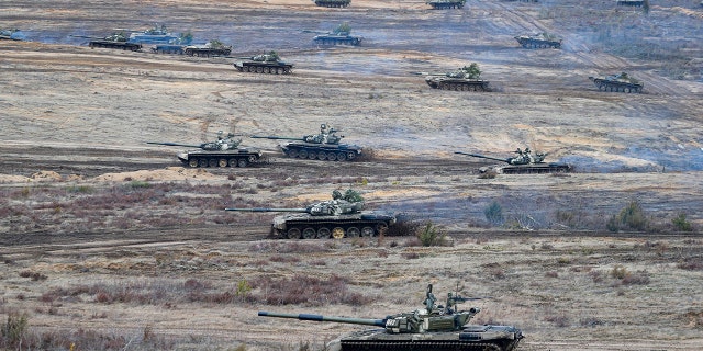 Tanks will move during a coalition courage-2022 Russia-Belarus military exercise at the Obuz-Lesnovsky training ground in Belarus on Saturday, February 19, 2022. The West is concerned that Moscow may use exercises to attack Ukraine from the north. 