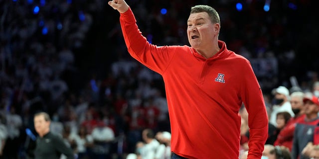 Arizona coach Tommy Lloyd reacts to a play during the second half of the team's NCAA college basketball game against Oregon, Saturday, Feb. 19, 2022, in Tucson, Ariz. Arizona won 84-81.