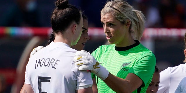 New Zealand goalkeeper Erin Nayler, right, talks to defender Meikayla Moore after an own goal during the first half of the 2022 SheBelieves Cup soccer match Sunday, Feb. 20, 2022, in Carson, Calif.