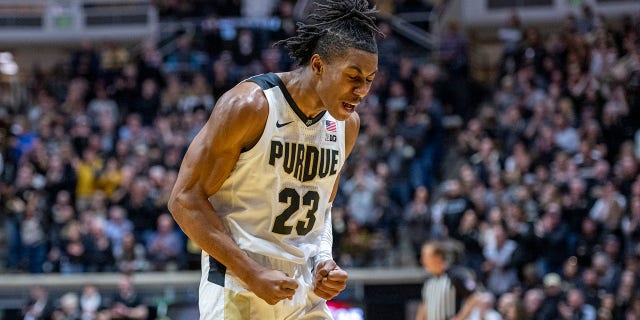 Purdue guard Jaden Ivey (23) reacts during the first half of an NCAA college basketball game against Rutgers, Sunday, Feb. 20, 2022, in West Lafayette, Ind.