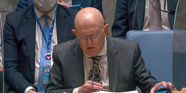Feb 23, 2022: In this image from UNTV video, Vasily Nebenzya, Permanent Representative of Russia to the United Nations, speaks during an emergency meeting of the U.N. Security Council. (UNTV via AP)
