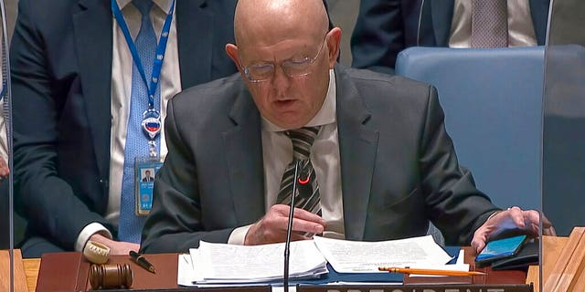 Feb 23, 2022: In this image from UNTV video, Vasily Nebenzya, Permanent Representative of Russia to the United Nations, speaks during an emergency meeting of the U.N. Security Council. (UNTV via WHD)