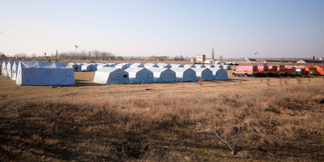 A humanitarian center for refugees coming from Ukraine at the Moldovan-Ukrainian border in Palalanca, Moldova, Friday, Feb. 25, 2022.