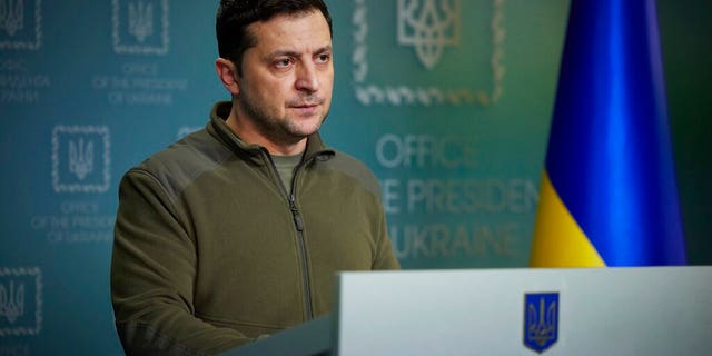 Ukrainian President Volodymyr Zelenskyy addresses the nation in Kyiv, Ukraine, Friday, Feb. 25, 2022.