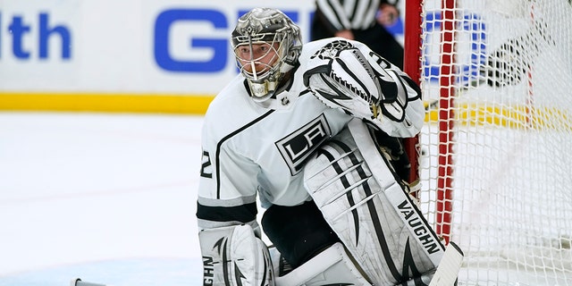 Los Angeles Kings goaltender Jonathan Quick watches play during the second period of a game against the Anaheim Ducks Friday, Feb. 25, 2022, in Anaheim, Calif. 