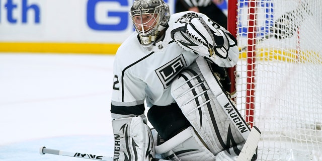 Los Angeles Kings goaltender Jonathan Quick watches play during the second period of a game against the Anaheim Ducks Friday, Feb. 25, 2022, in Anaheim, Calif.