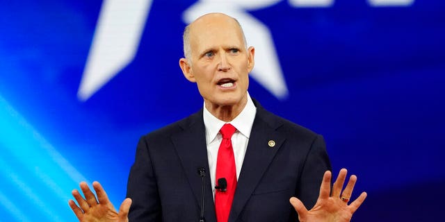 Sen. Rick Scott, R-Fla., speaks at the Conservative Political Action Conference (CPAC) Saturday, Feb. 26, 2022, in Orlando, Florida. (AP Photo/John Raoux)