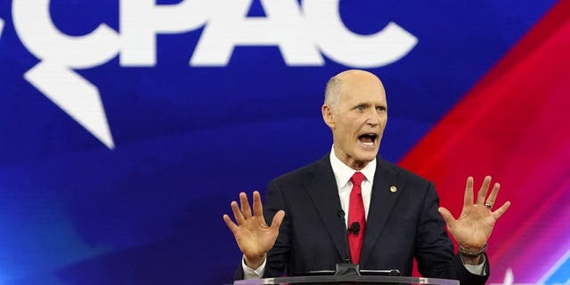 Sen. Rick Scott, R-Fla., speaks at the Conservative Political Action Conference (CPAC) Saturday, Feb. 26, 2022, in Orlando, Florida. (AP Photo/John Raoux)