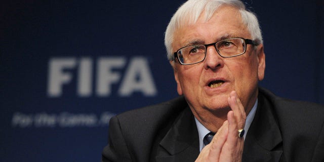 FILE - FIFA Executive Committee member Theo Zwanziger from Germany speaks to journalists following the committee's meeting in Zurich, Switzerland, on March 21, 2013. Zwanziger was among his sport’s most prominent critics of the decision to award the 2022 World Cup to Qatar.