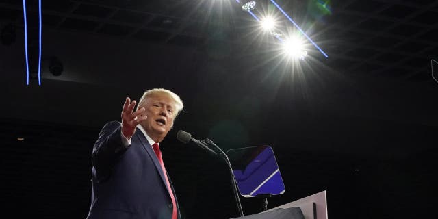 Former President Donald Trump speaks at the Conservative Political Action Conference (CPAC) Saturday, Feb. 26, 2022, in Orlando, Fla. (WHD Photo/John Raoux)