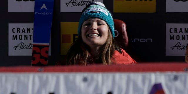 Switzerland's Priska Nufer smiles at finish after completing an alpine ski, women's World Cup downhill race, in Crans Montana, Switzerland, Sunday, Feb. 27, 2022.