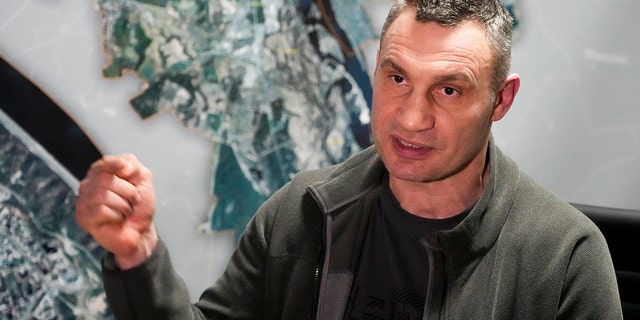 Vitali Klitschko, Kyiv Mayor and former heavyweight champion gestures while speaking during his interview with the  in his office in the City Hall in Kyiv, Ukraine, Sunday, Feb. 27, 2022.