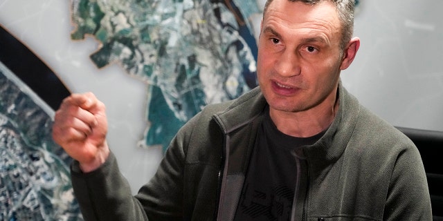 Vitali Klitschko, Kyiv Mayor and former heavyweight champion gestures while speaking during his interview with the in his office in the City Hall in Kyiv, Ukraine, Sunday, Feb. 27, 2022.