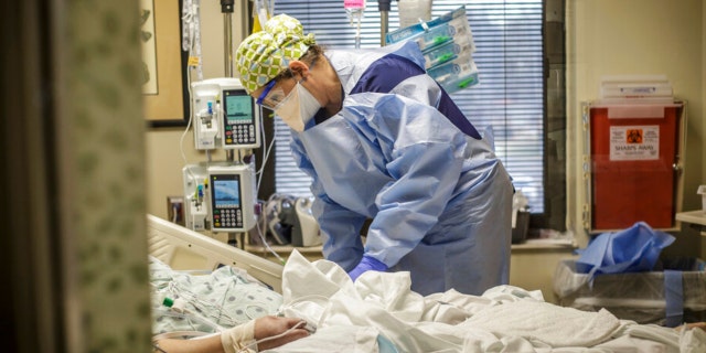 Sonya Morgan, RN, works with a COVID-19 positive patient inside the infectious disease unit (IDU) Friday at Helen Keller Hospital.