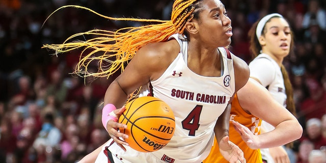   South Carolina Gamecocks forward Aliyah Boston takes on the Tennessee Lady Vols at Colonial Life Arena in the first half.