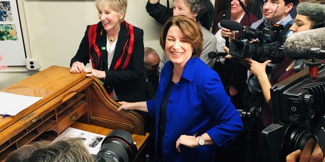 Sen. Amy Klobuchar of Minnesota files to place her name on the New Hampshire Democratic presidential primary ballot, on Nov. 6, 2019 in Concord, N.H.