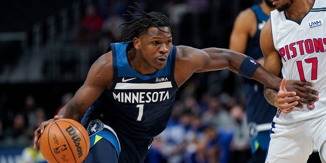 Minnesota Timberwolves forward Anthony Edwards is shown during a game against the Detroit Pistons on Feb. 3, 2022.