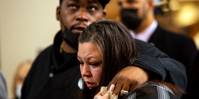 Daunte Wright's parents, Aubrey Wright and Katie Wright, who also sometimes uses the name Katie Bryant, react after former Brooklyn Center Police Officer Kim Potter was sentenced to two years in prison, Friday, Feb. 18, 2022 in Minneapolis.