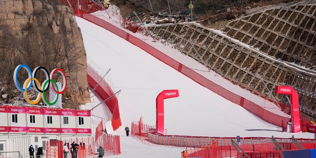A view from the finish area of the alpine skiing course at the 2022 Winter Olympics, Wednesday, Feb. 2, 2022, in the Yanqing district of Beijing.
