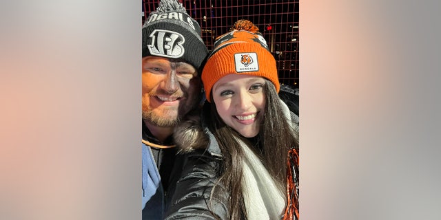 Rachel Hyden and Johnny Wallen show off their Bengals love. The bride-to-be spoke to Fox News Digital two days before their wedding on Super Bowl Sunday 2022.