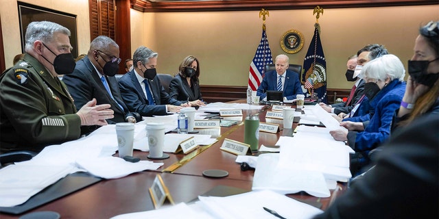 President Biden holds a National Security Council meeting on the U.S. response to Russia's invasion of Ukraine, Thursday, Feb. 24, 2022. 