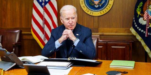 President Biden during a telephone conversation with Russian President Vladimir Putin at Camp David in Maryland on February 12, 2022.