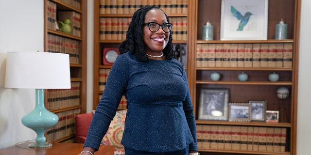 Judge Ketanji Brown Jackson, who is a U.S. Circuit Judge on the U.S. Court of Appeals for the District of Columbia Circuit, poses for a portrait, Friday, Feb. 18, 2022, in her office at the courthouse in Washington.  (AP Photo/Jacquelyn Martin)