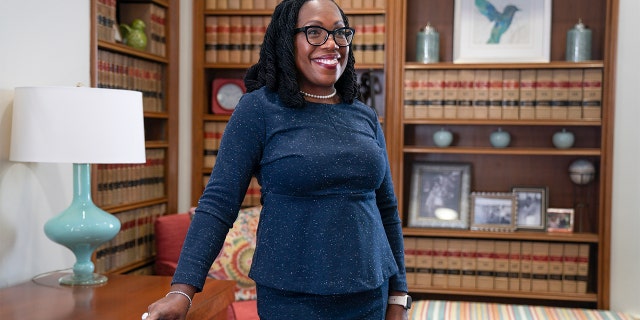 Judge Ketanji Brown Jackson, who is a U.S. Circuit Judge on the U.S. Court of Appeals for the District of Columbia Circuit, poses for a portrait, Friday, Feb., 18, 2022, in her office at the court in Washington.