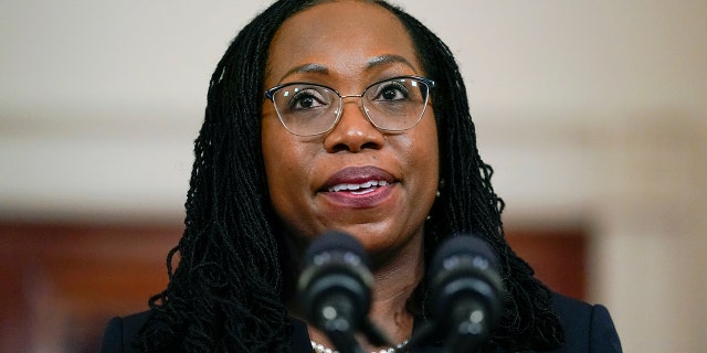 Judge Ketanji Brown Jackson speaks after President Biden announced Jackson as his nominee to the Supreme Court in the Cross Hall of the White House, Friday, Feb. 25, 2022, in Washington. 