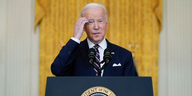 President Joe Biden speaks about Ukraine in the East Room of the White House