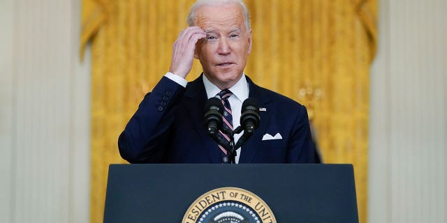 President Joe Biden speaks about Ukraine in the East Room of the White House