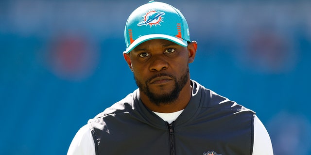 Head coach Brian Flores of the Miami Dolphins looks on against the Houston Texans at Hard Rock Stadium on November 07, 2021 in Miami Gardens, Florida.