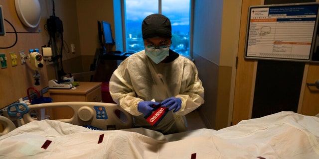 Registered nurse Bryan Hofilena attaches a "COVID Patient" sticker on a body bag