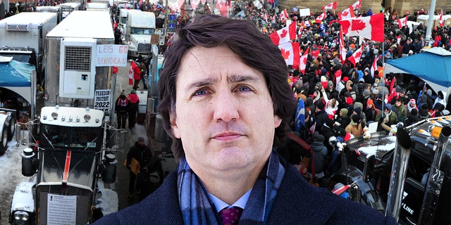Supporters and truckers front the Parliament Hill during a protest in downtown of Ottawa, Canada, on February 12, 2022.  Justin Trudeau, Canada's prime minister, during a news conference from the National Capital Region in Canada on Monday, Jan. 31, 2022. 