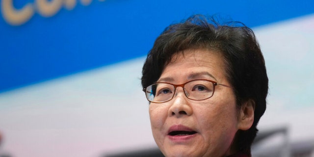 Hong Kong Chief Executive Carrie Lam speaks during a press conference in Hong Kong, Tuesday, Feb. 22, 2022.