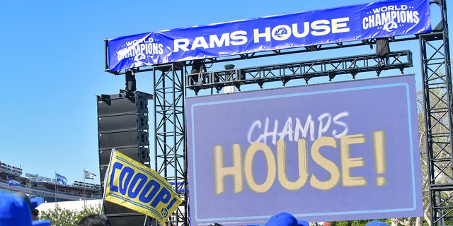 Signs at the Los Angeles Rams Super Bowl LVI Victory Parade and Rally on Feb. 16, 2022 in Los Angeles, California.