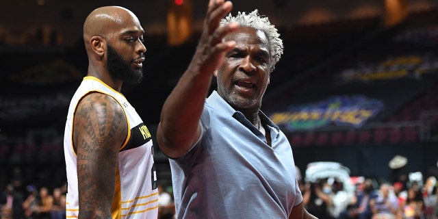 Head coach Charles Oakley of Killer 3's reacts against Trilogy during a Big 3 game in Week Eight at the Orleans Arena on Aug. 21, 2021, in Las Vegas, Nevada.