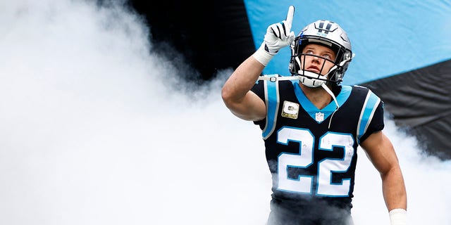 Christian McCaffrey #22 of the Carolina Panthers is introduced prior to the game against the Washington Football Team at Bank of America Stadium on November 21, 2021, in Charlotte, North Carolina.