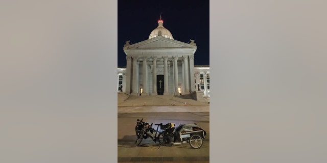 Barnes told Fox News Digital that on Monday that when he arrived in Oklahoma City, lawmakers were starting their session, which began with a State of the State address, the fourth for Oklahoma Gov. Kevin Stitt, a Republican. Barnes' bicycle and trailer are pictured here in front of the Statehouse.