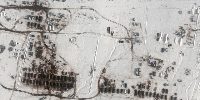 Tents, shelters and deployments are seen at a training ground in Angarsky, Crimea, on Tuesday.
