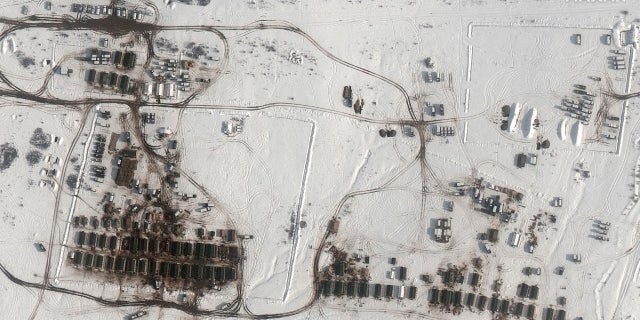 Tents, shelters and deployments are seen at a training ground in Angarsky, Crimea, on Tuesday. 