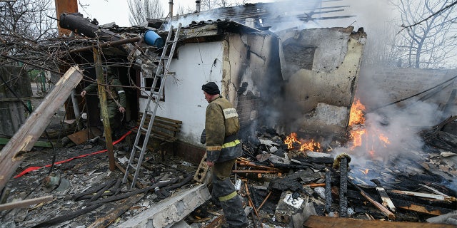 Damage due to armed conflict between Russia and Ukraine in Donetsk region under the control of pro-Russian separatists, eastern Ukraine, on Feb. 28, 2022.