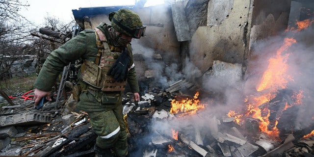 Damage due to armed conflict between Russia and Ukraine in Donetsk region under the control of pro-Russian separatists, eastern Ukraine, on Feb. 28, 2022.