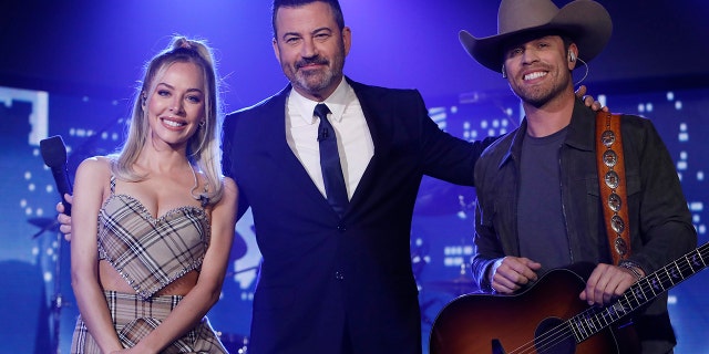 Dustin Lynch and Mackenzie Porter perform on "Jimmy Kimmel Live!" on Tuesday, Nov. 9, 2021.