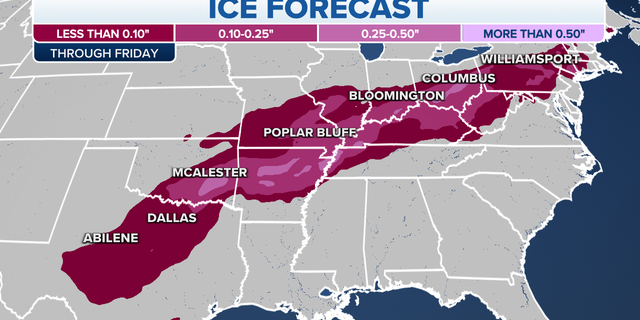 Ice forecast from Texas to the Ohio Valley