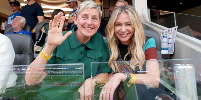 Ellen DeGeneres and Portia de Rossi attend at Super Bowl LVI.