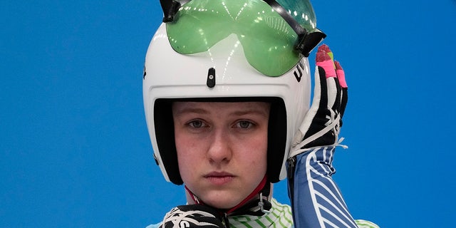 Elsa Desmond, of Ireland, prepares to start the luge women's singles run 1 at the 2022 Winter Olympics, Monday, Feb.  7, 2022, in the Yanqing district of Beijing. (AP Photo / Mark Schiefelbein)