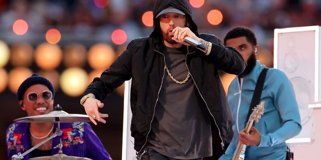 Eminem performs during the Pepsi Super Bowl LVI Halftime Show at SoFi Stadium on February 13, 2022, in Inglewood, California.
