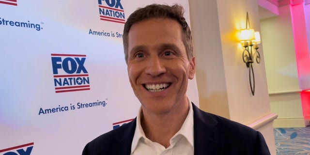 GOP Senate candidate and former Missouri Gov. Eric Greitens speaks with G3 Box News at the Conservative Political Action Committee (CPAC) in Orlando, Florida on Feb. 24, 2022