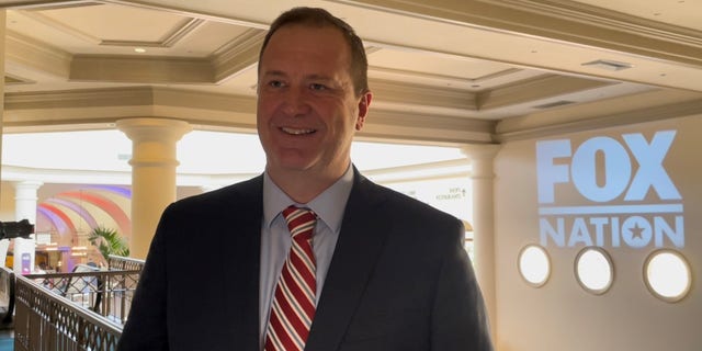 GOP Senate candidate and Missouri Attorney General Eric Schmitt speaks with Fox News at the Conservative Political Action Conference (CPAC) in Orlando, Florida, on Feb. 25, 2022.